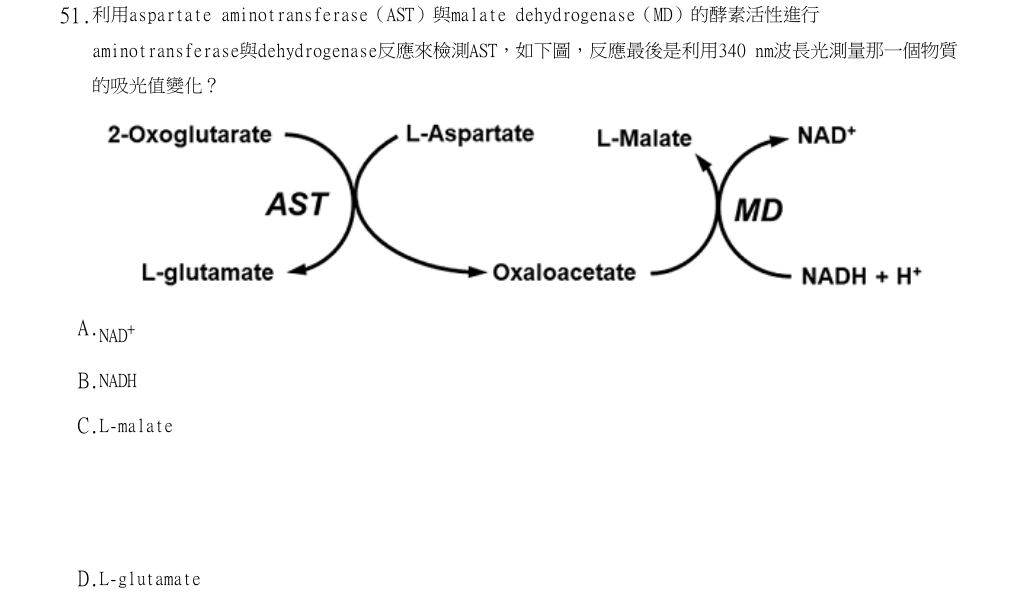 113年第2次醫事檢驗師國考 生物化學與臨床生化學 第51題原 PDF 題面截圖(含圖像、公式或選項):利用aspartate aminotransferase(AST)與malate dehydrogenase(MD)的酵素活性進行aminotransferase與dehydrogenase反應來檢測AST,如下圖,反應最後是利用340 nm波長光測量那一個物質的吸光值變化?