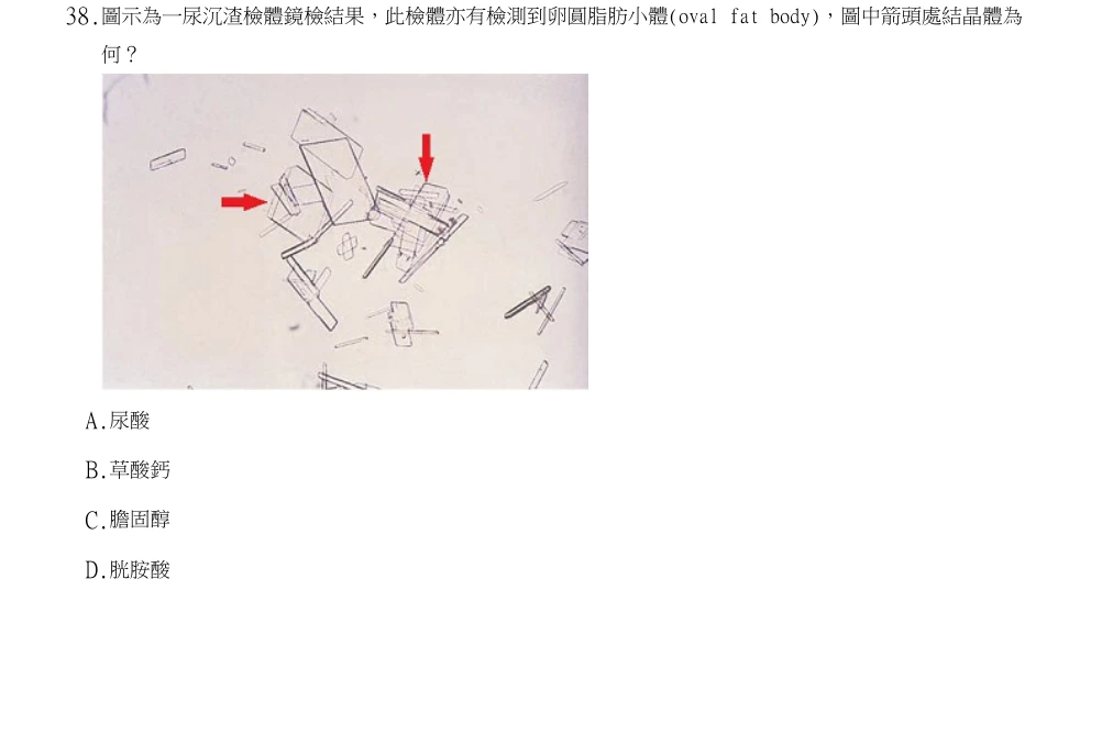 113年第2次醫事檢驗師國考 醫學分子檢驗學與臨床鏡檢學(包括寄生蟲學) 第38題原 PDF 題面截圖(含圖像、公式或選項):圖示為一尿沉渣檢體鏡檢結果,此檢體亦有檢測到卵圓脂肪小體(oval fat body),圖中箭頭處結晶體為何?