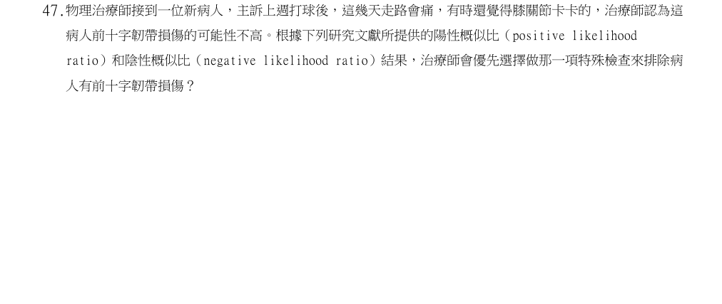 113年第2次物理治療師國考 物理治療學概論(包括物理治療史、物理治療倫理學與物理治療行政管理學) 第47題原 PDF 題面截圖(第 1/2 部分)(含圖像、公式或選項):物理治療師接到一位新病人,主訴上週打球後,這幾天走路會痛,有時還覺得膝關節卡卡的,治療師認為這病人前十字韌帶損傷的可能性不高。根據下列研究文獻所提供的陽性概似比(positive likelihood ratio)和陰性概似比(negative likelihood ratio)結果,治療師會優先選擇做那一項特殊檢查來排除病人有前十字韌帶損傷?