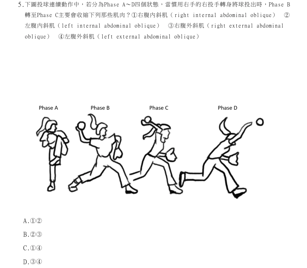 114年第1次物理治療師國考 物理治療基礎學(包括解剖學、生理學、肌動學與生物力學) 第5題原 PDF 題面截圖(含圖像、公式或選項):下圖投球連續動作中,若分為Phase A~D四個狀態,當慣用右手的右投手轉身將球投出時,Phase B轉至Phase C主要會收縮下列那些肌肉?①右腹內斜肌(right internal abdominal oblique) ②左腹內斜肌(left internal abdominal oblique) ③右腹外斜肌(right external abdominal oblique) ④左腹外斜肌(left external abdominal oblique)