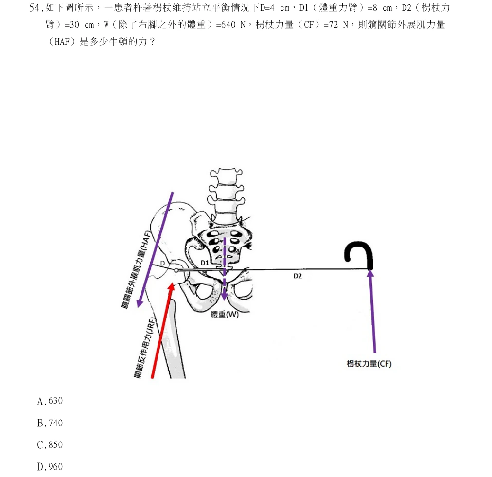 114年第1次物理治療師國考 物理治療基礎學(包括解剖學、生理學、肌動學與生物力學) 第54題原 PDF 題面截圖(含圖像、公式或選項):如下圖所示,一患者杵著枴杖維持站立平衡情況下D=4 cm,D1(體重力臂)=8 cm,D2(柺杖力臂)=30 cm,W(除了右腳之外的體重)=640 N,枴杖力量(CF)=72 N,則髖關節外展肌力量(HAF)是多少牛頓的力?
