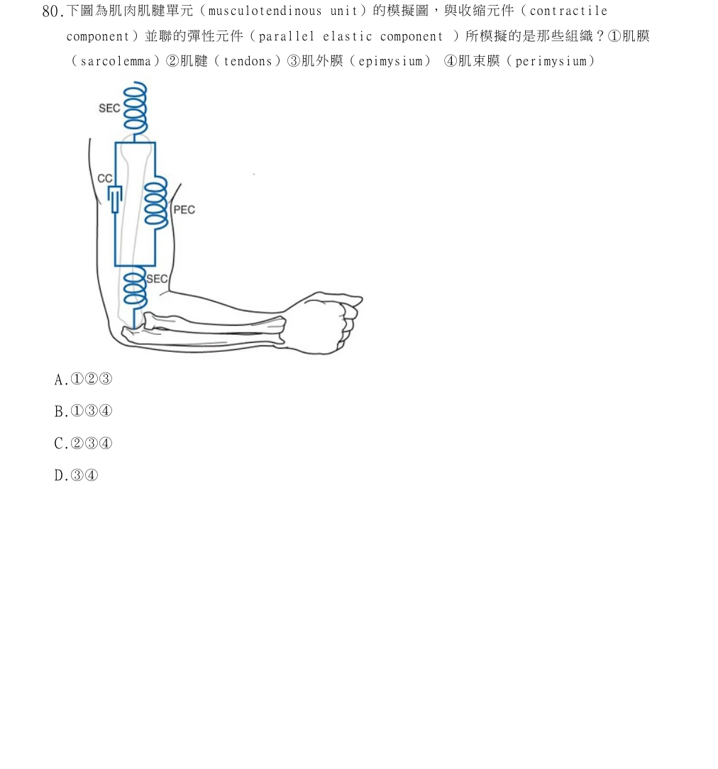 114年第2次物理治療師國考 物理治療基礎學(包括解剖學、生理學、肌動學與生物力學) 第80題原 PDF 題面截圖(含圖像、公式或選項):下圖為肌肉肌腱單元(musculotendinous unit)的模擬圖,與收縮元件(contractile component)並聯的彈性元件(parallel elastic component )所模擬的是那些組織?①肌膜(sarcolemma)②肌腱(tendons)③肌外膜(epimysium) ④肌束膜(perimysium)